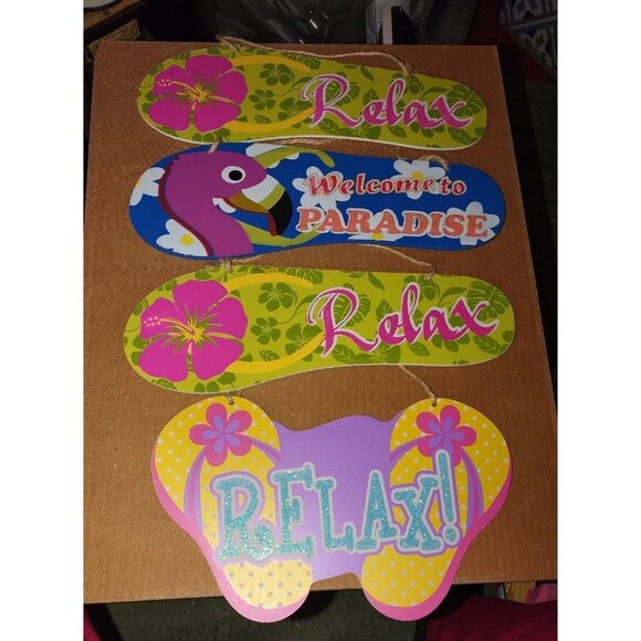 Hawaiian-Themed Tropical Wall Signs Set Of 4 Relax & Welcome To Paradise- - Picture 5 of 9